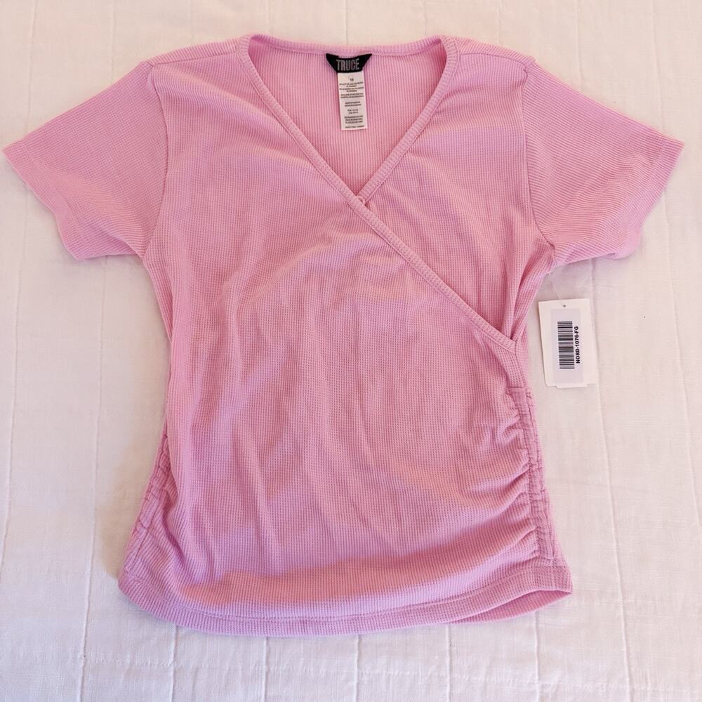 Girls Pink Waffle Knit‎ Short Sleeve Top Shirt Size 16 TRUCE Ruched Sides NEW